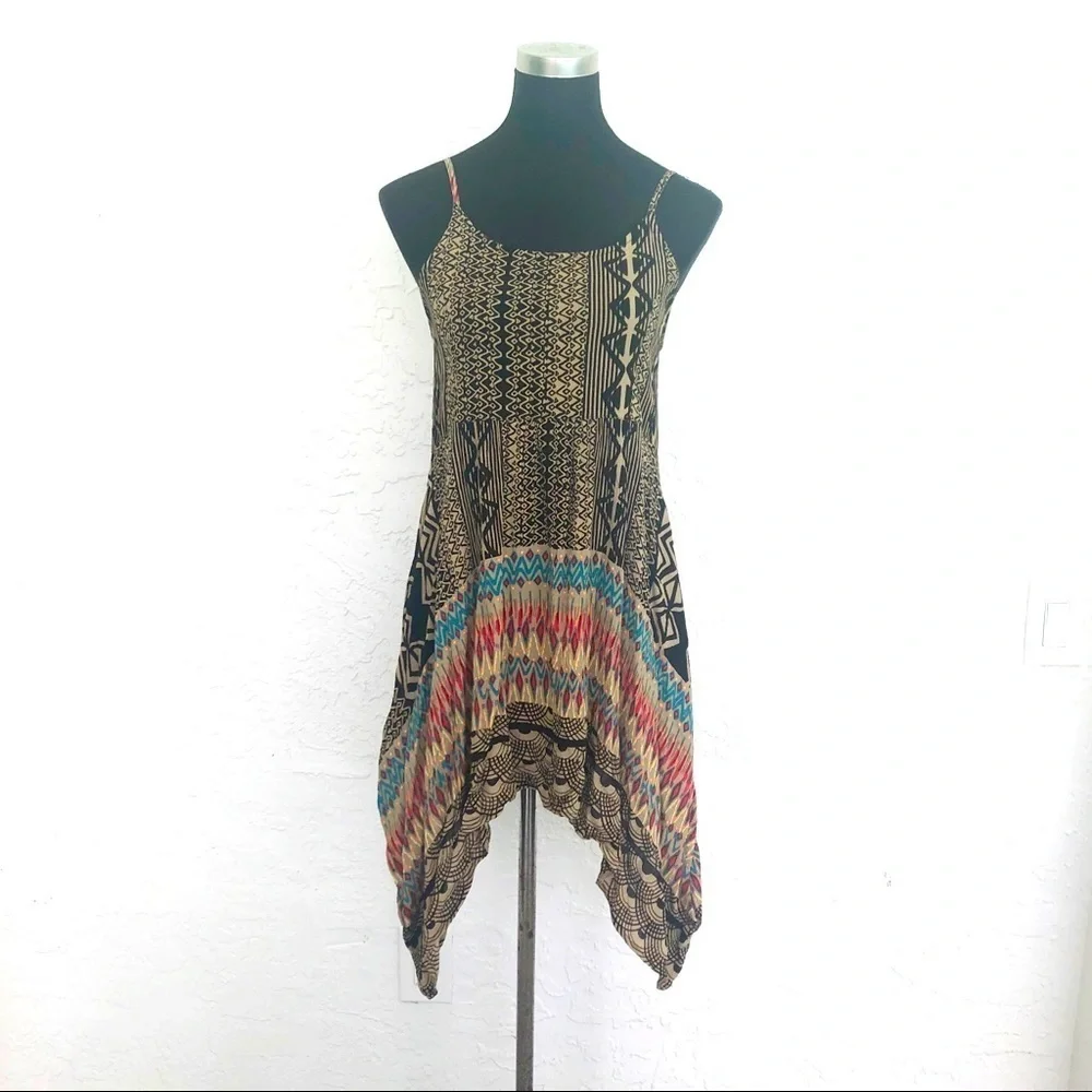 Y2K Boho Hippie California Moonrise Beach Asymmetrical Print Tunic Dress